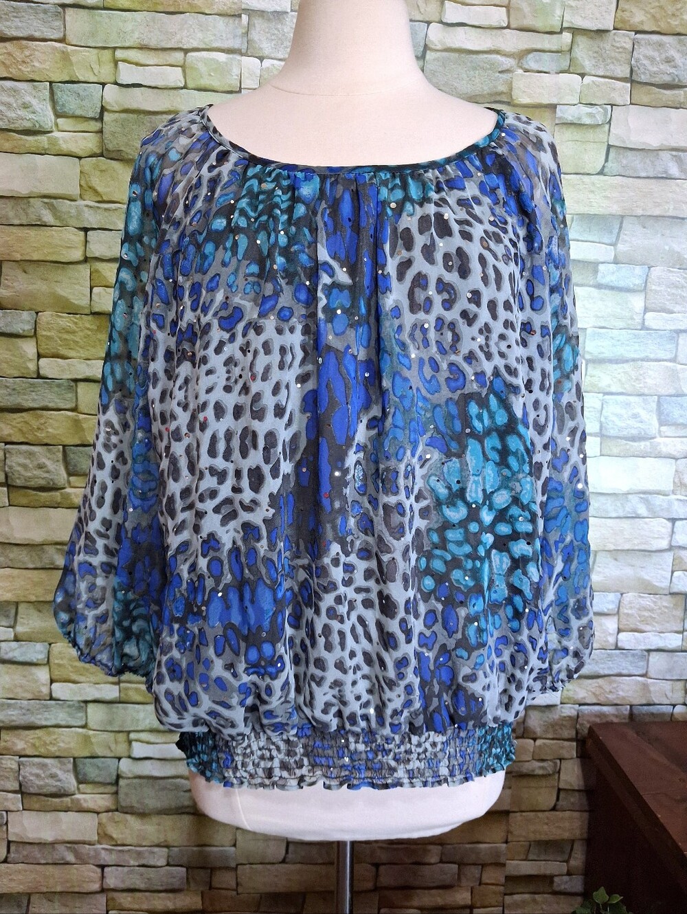 Blue Leopard Peasant Party Blouse Lightweight Women's Top